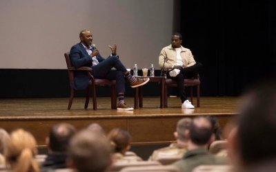 Retired CMSAF Wright, Alex Toussaint discuss mental health awareness with JBA Airmen