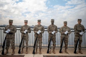 Space Force Members lined up on a bridge